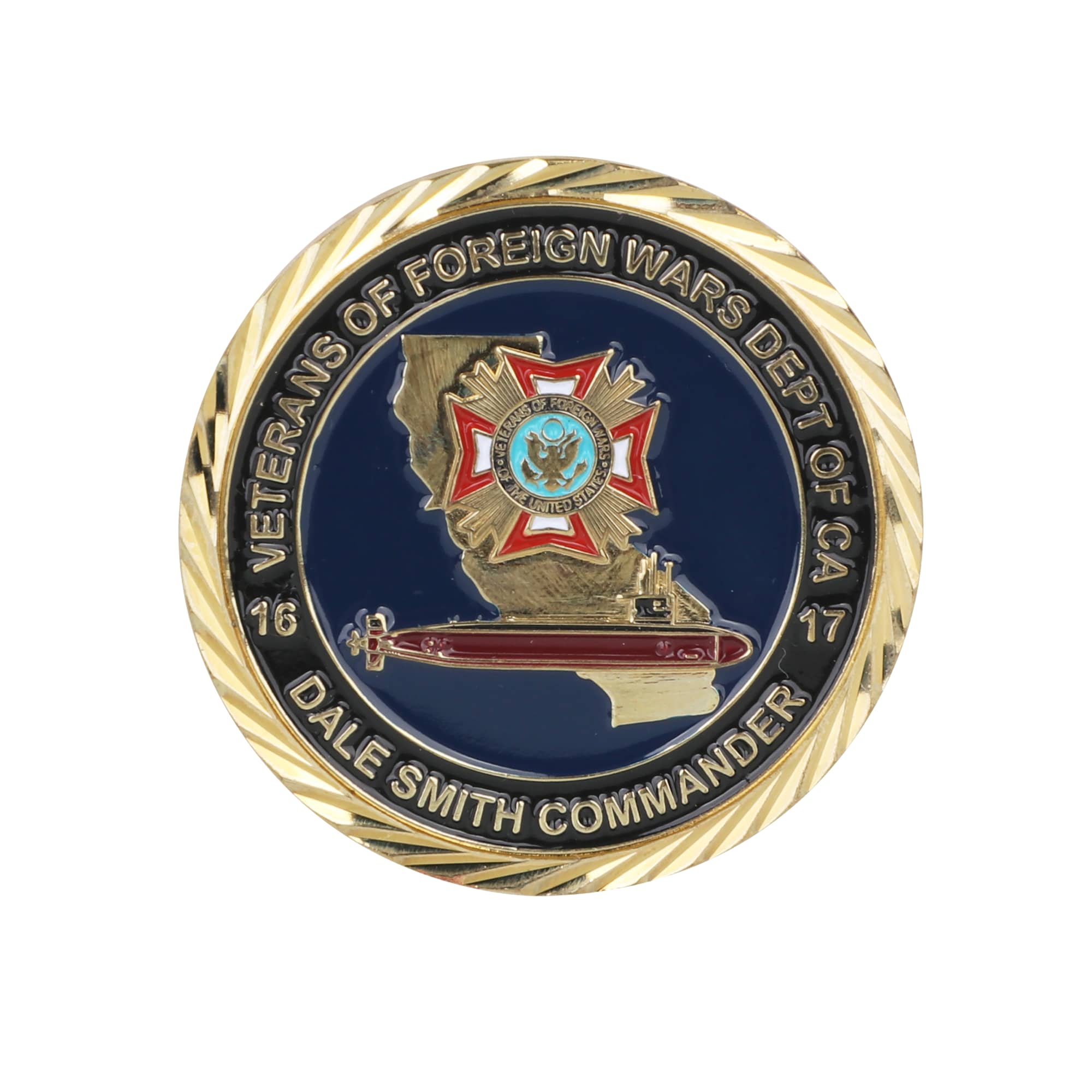 A commemorative gold coin pin featuring a detailed emblem, with blue, gold, and red colours, surrounded by a decorative border.