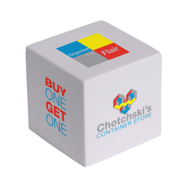 A cube-shaped stress reliever in white with colourful graphics and a logo.