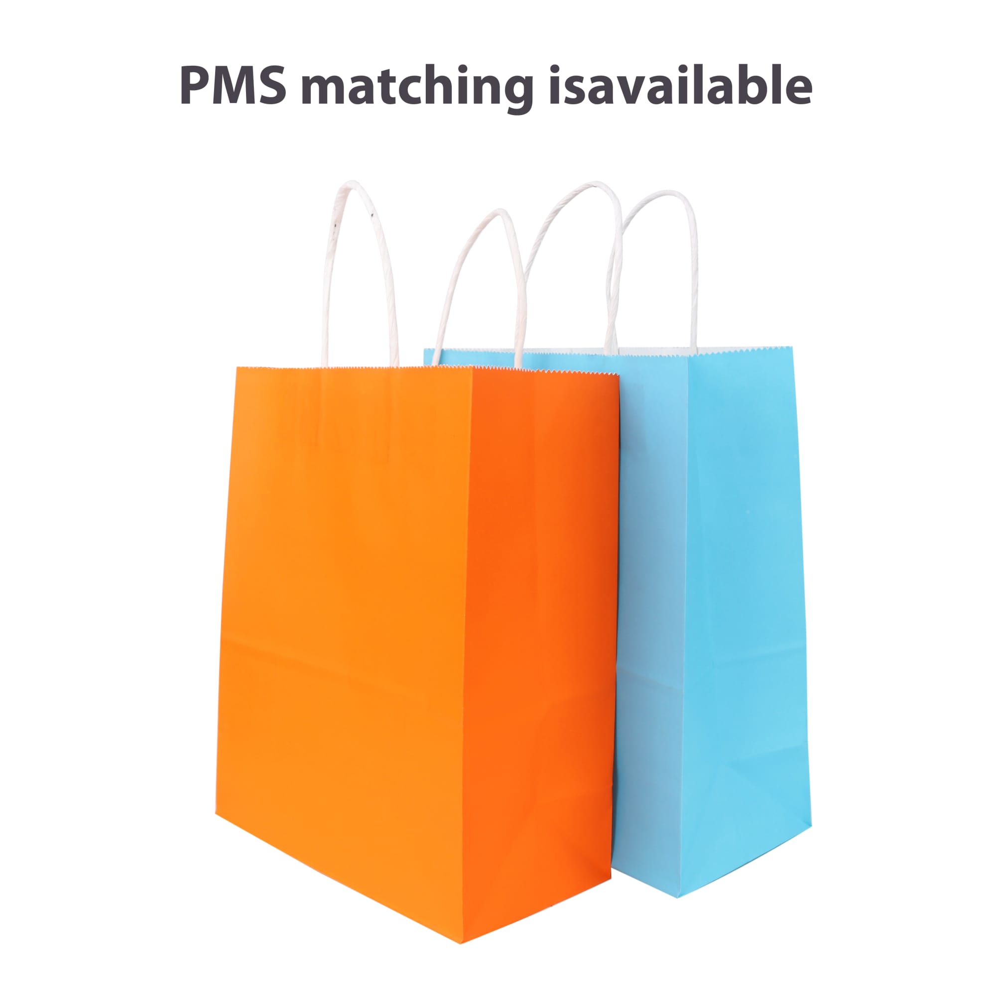 Two kraft paper bags in orange and blue, each with twisted handles. One bag has a logo.