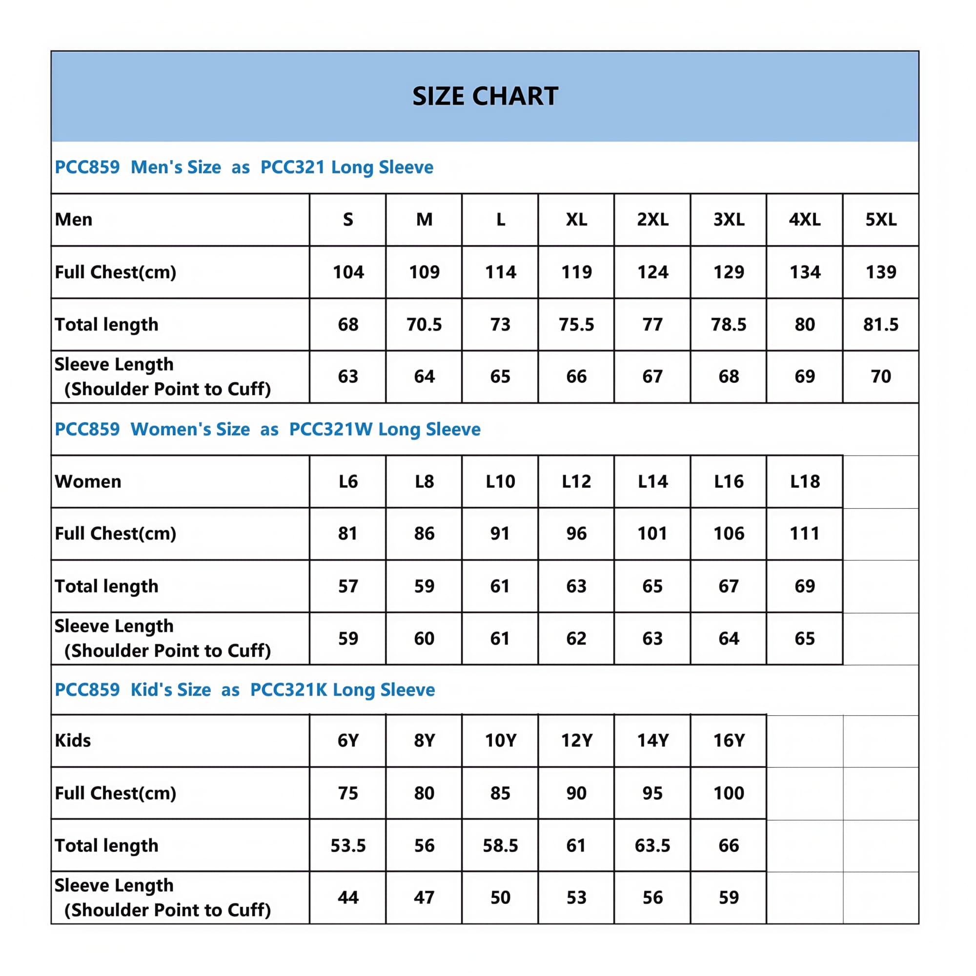 A size chart detailing measurements for unisex long sleeve shirts, including sizes for men, women, and kids.
