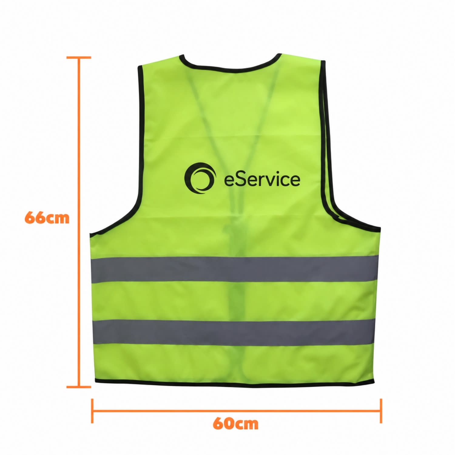 A hi-vis vest in bright yellow with horizontal reflective tape and a logo. Measures 66cm in height and 60cm in width.