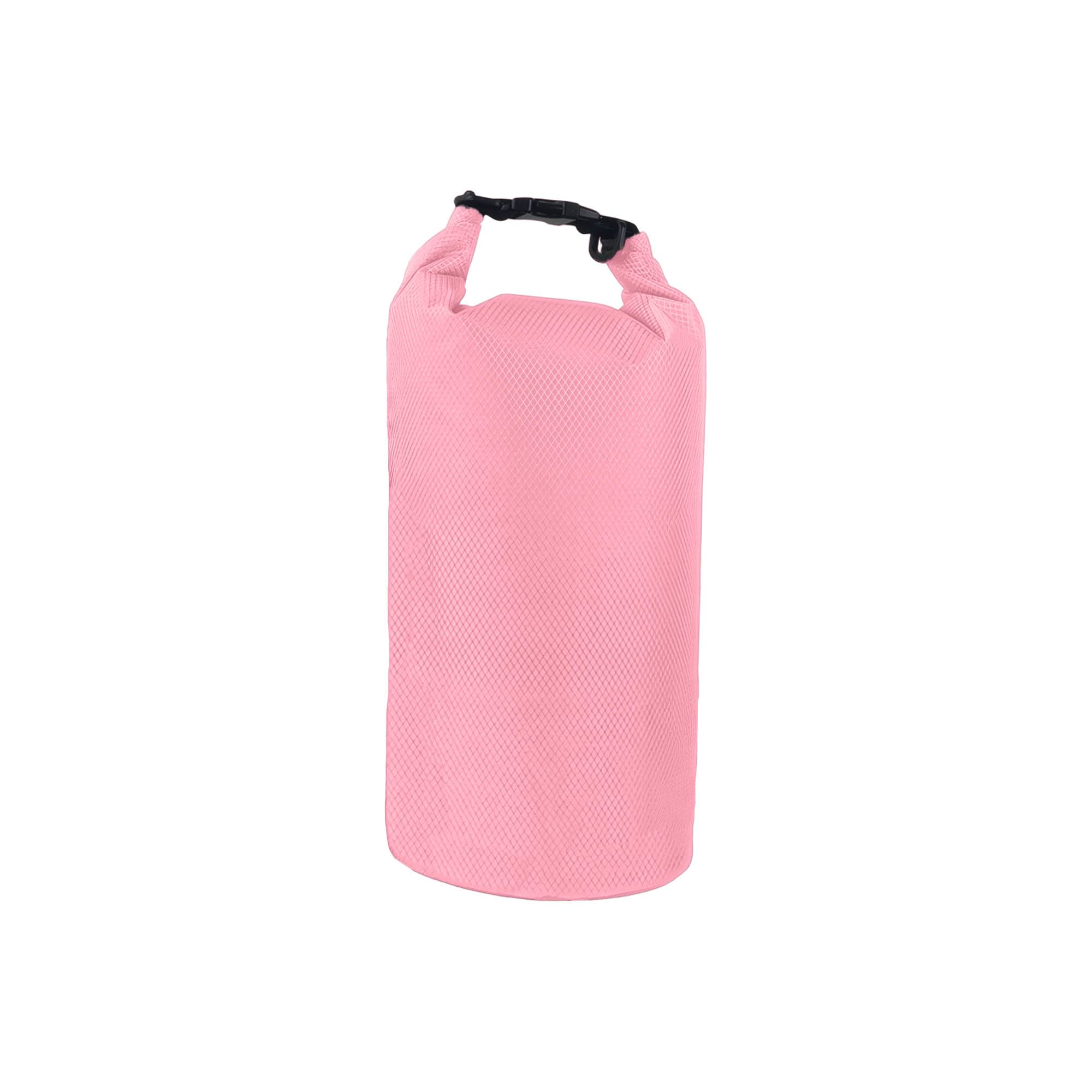 A pink Oxford cloth dry bag with a secure strap and buckle fastening, featuring a textured surface.
