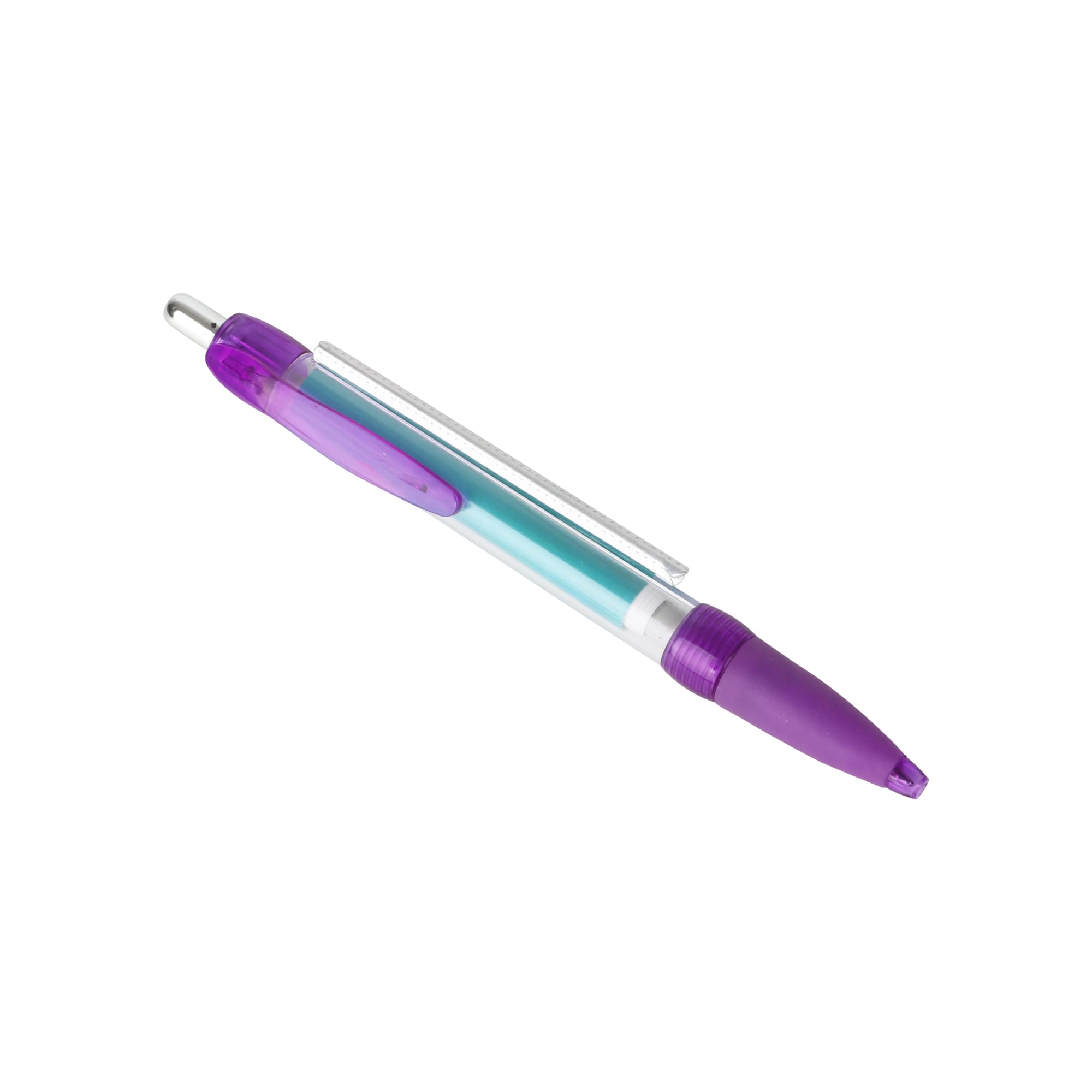 A plastic pen featuring a transparent turquoise barrel and purple accents, with a silver clip and tip.
