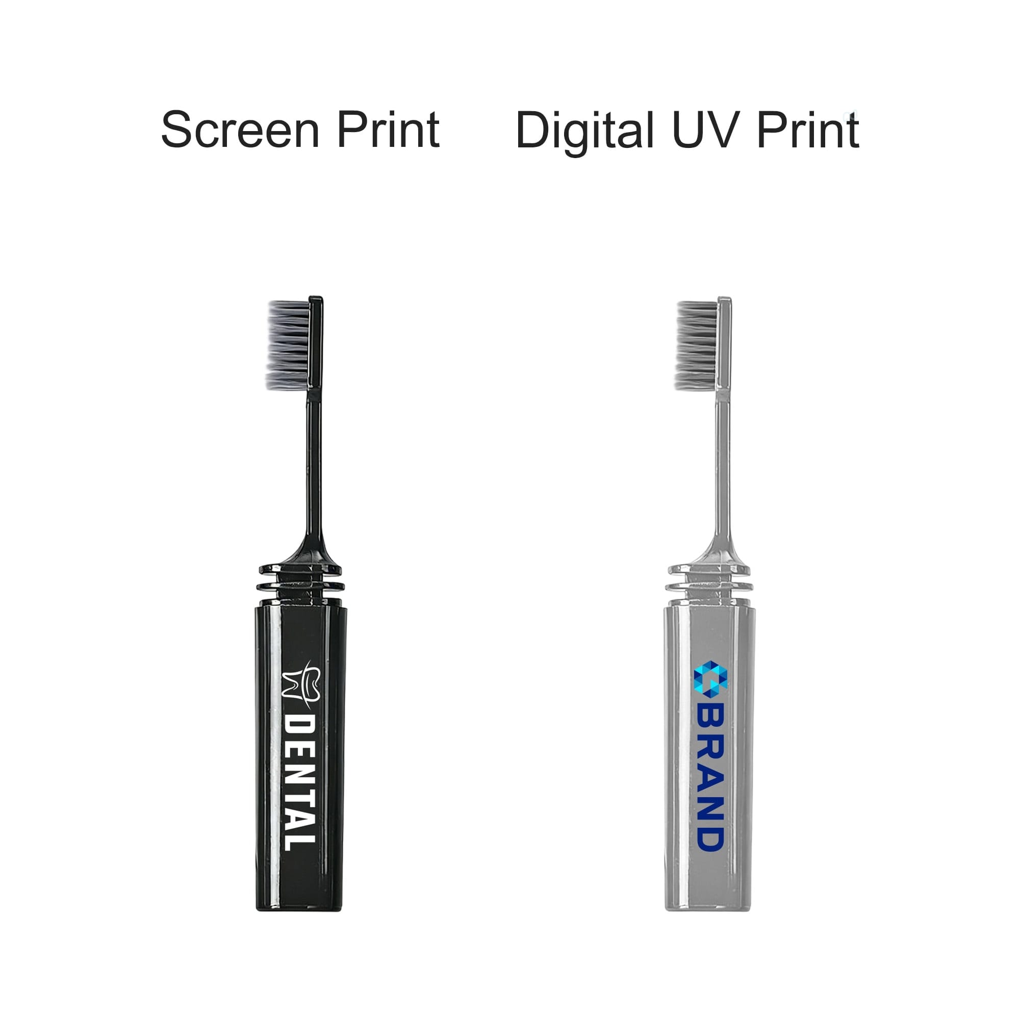 A foldable toothbrush in black and silver, featuring bristles and a compact handle. Each toothbrush has a logo.