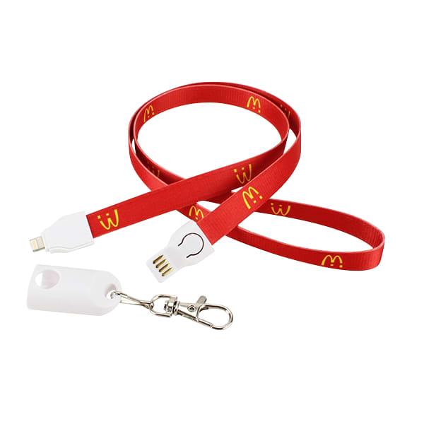 A red polyester lanyard charging cable with connectors at both ends and a clip for attachment. It features a logo.