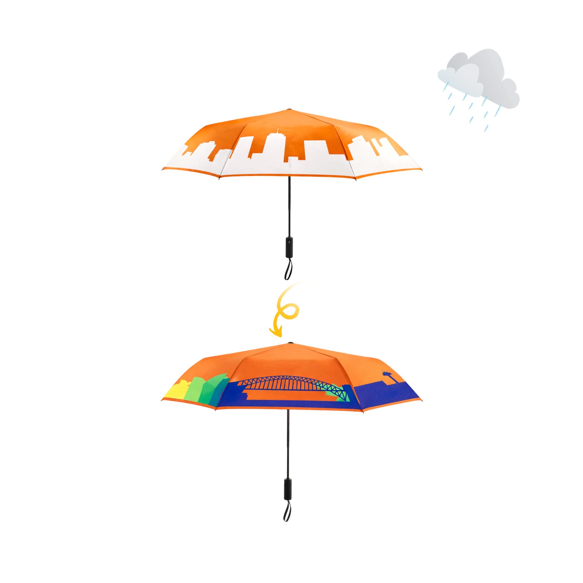 A 23'' colour-changing umbrella featuring an orange design with skyline graphics and a vibrant underside illustration.