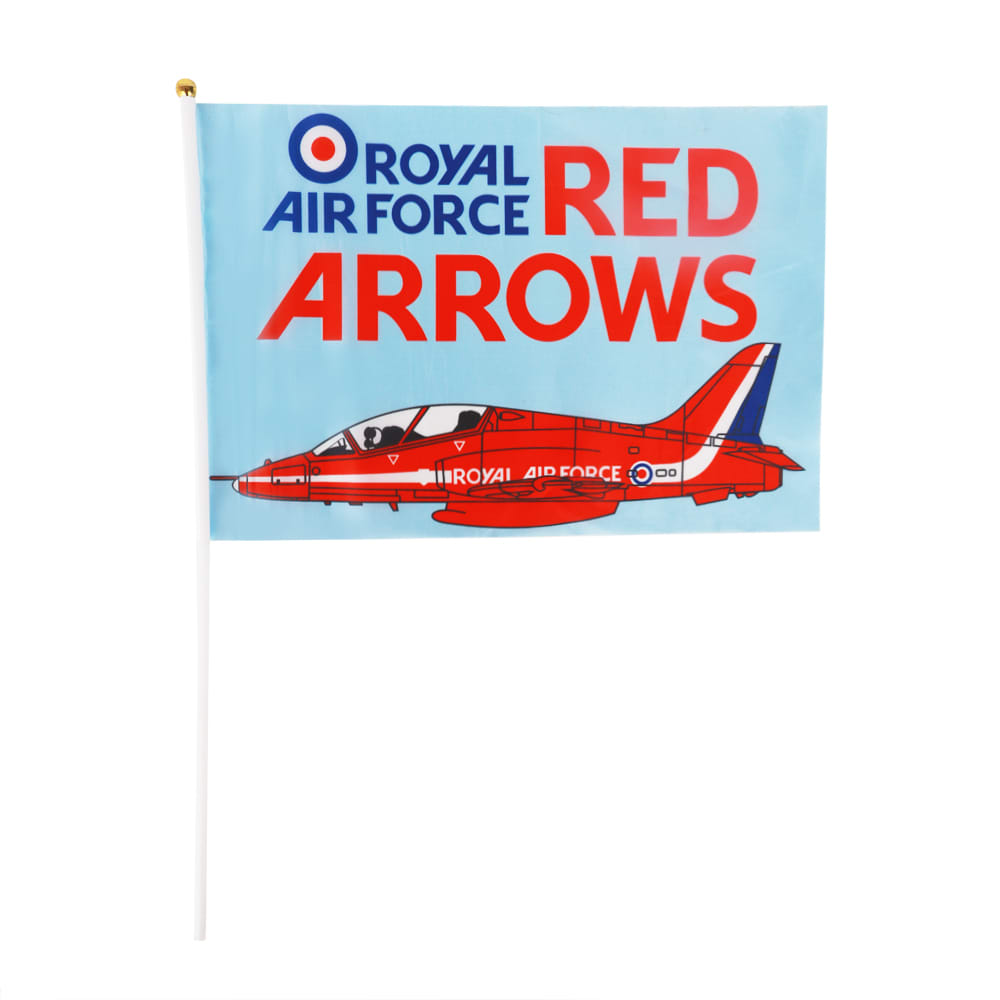 A rectangular cheering flag stick featuring a red and blue design with an illustration of a jet aircraft.
