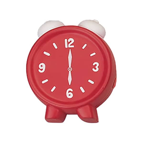 A red alarm clock-shaped stress reliever featuring a round body and white clock face with black numbers.