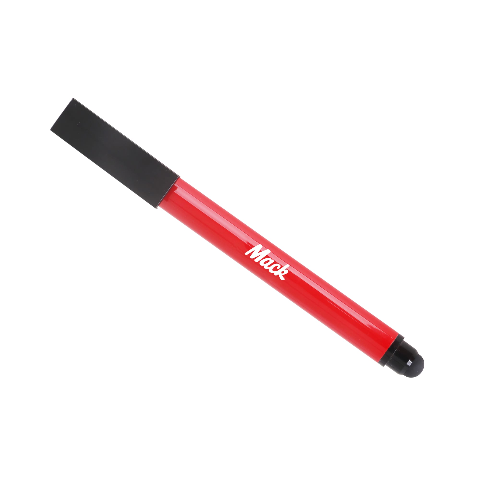A red 3 in 1 stylus USB pen with a black end and a logo.