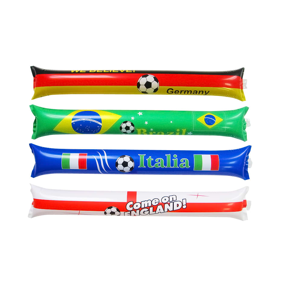 Four inflatable bang bang sticks in red, yellow, blue, and green featuring football designs and various country names.