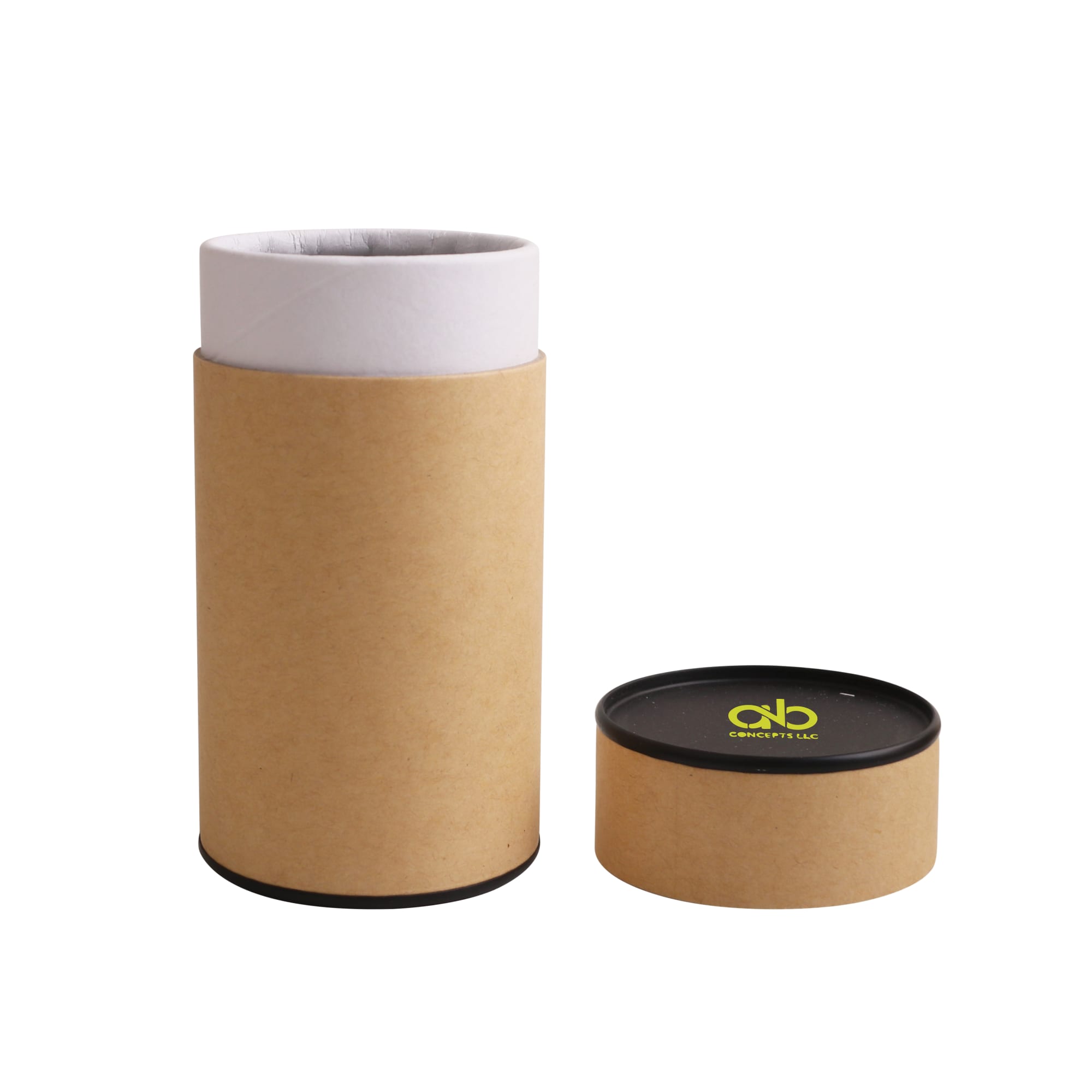 A large kraft paper cylinder with a black lid, featuring a logo on the lid. The cylinder is unsealed and brown.