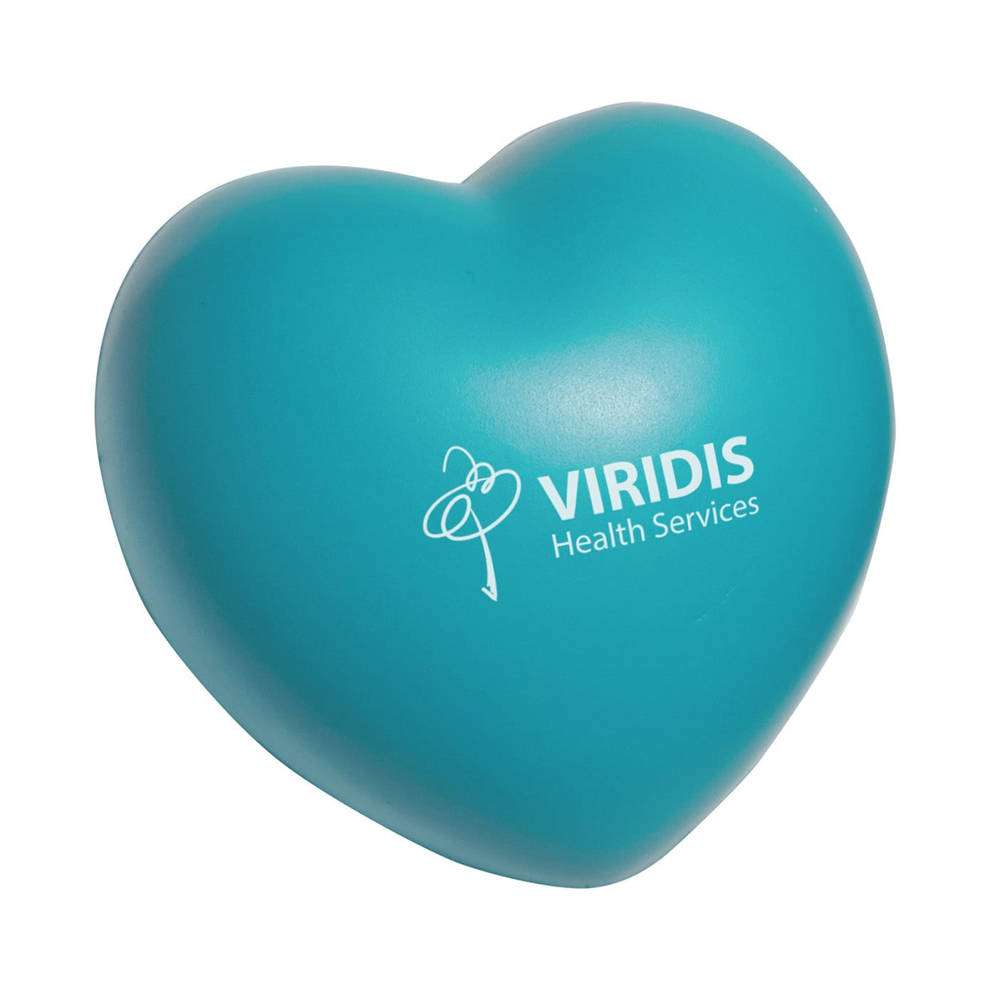 A turquoise heart-shaped stress reliever with a logo on one side.