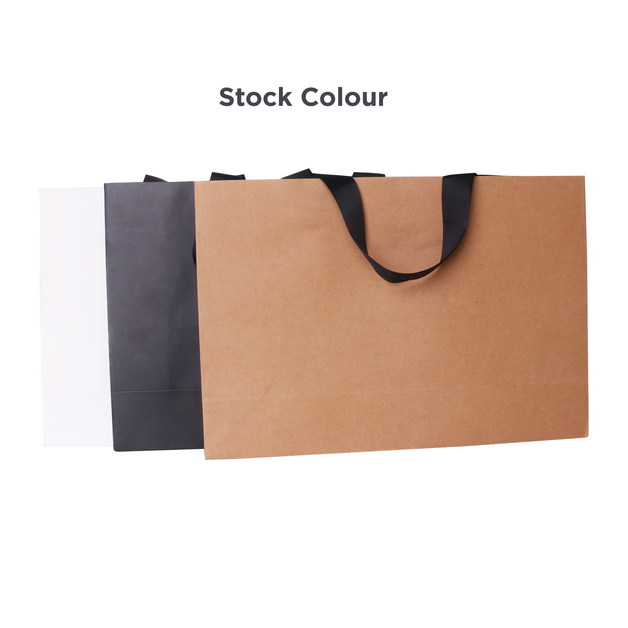 A small paper bag with flat handles available in brown, black, and white colours. Features branding on the bag.