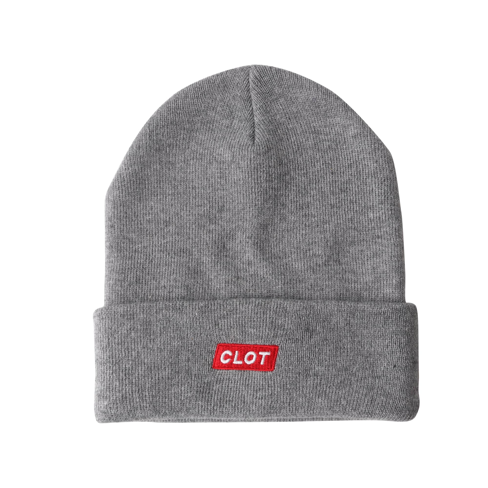 A grey knitted beanie featuring a logo on a red background. Ideal for headwear categories.