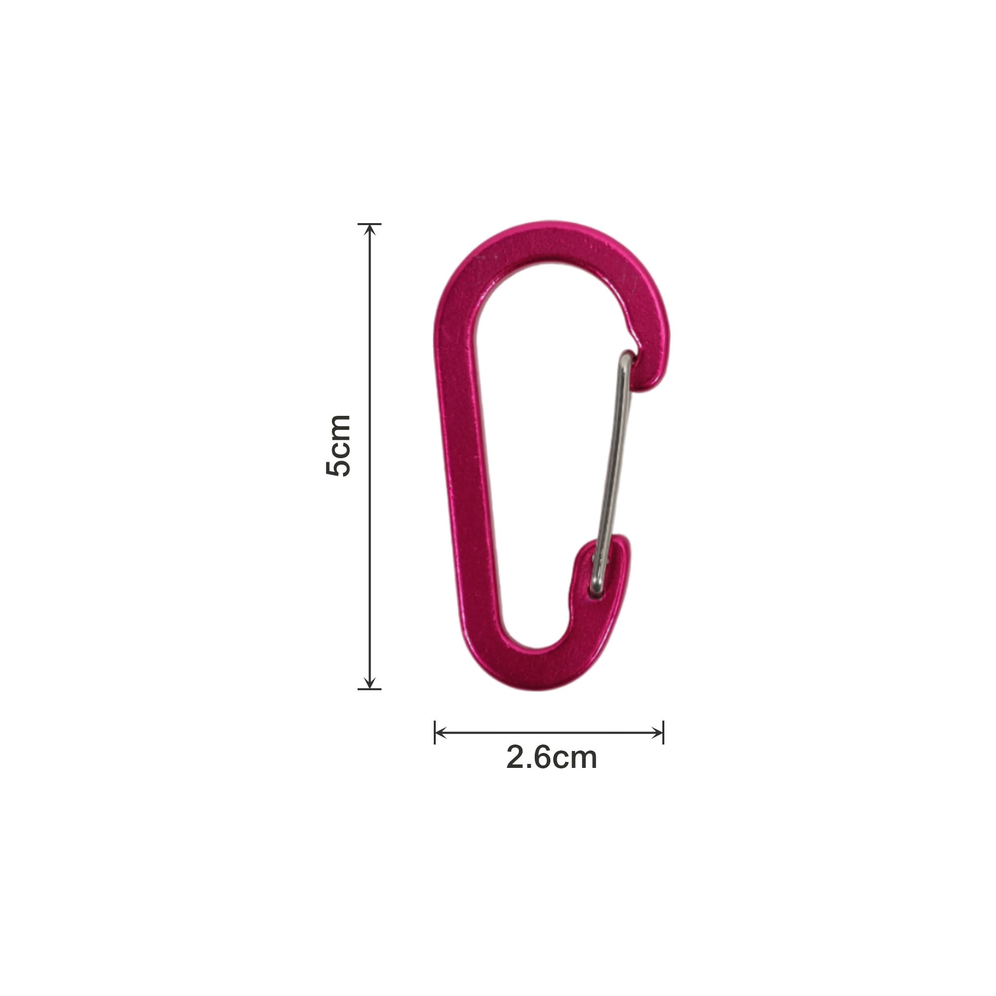 A pink D Type aluminium alloy carabiner hook, measuring 5cm by 2.6cm, featuring a metal spring mechanism.