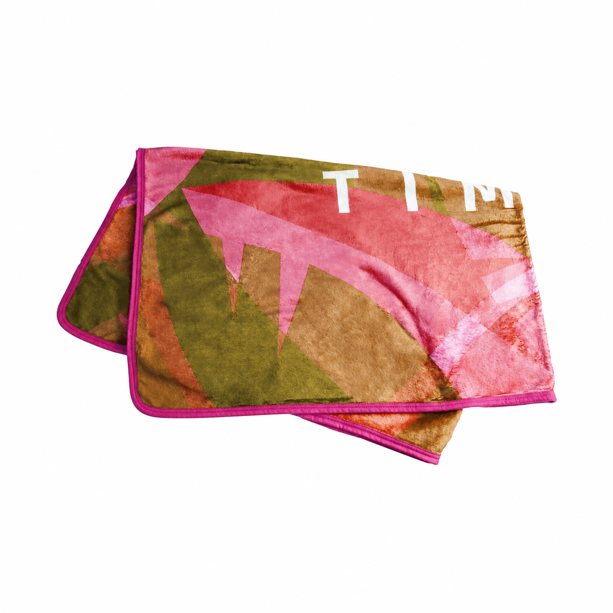 A flannel blanket featuring vibrant pink, green, and brown abstract patterns with a coloured border and a logo.