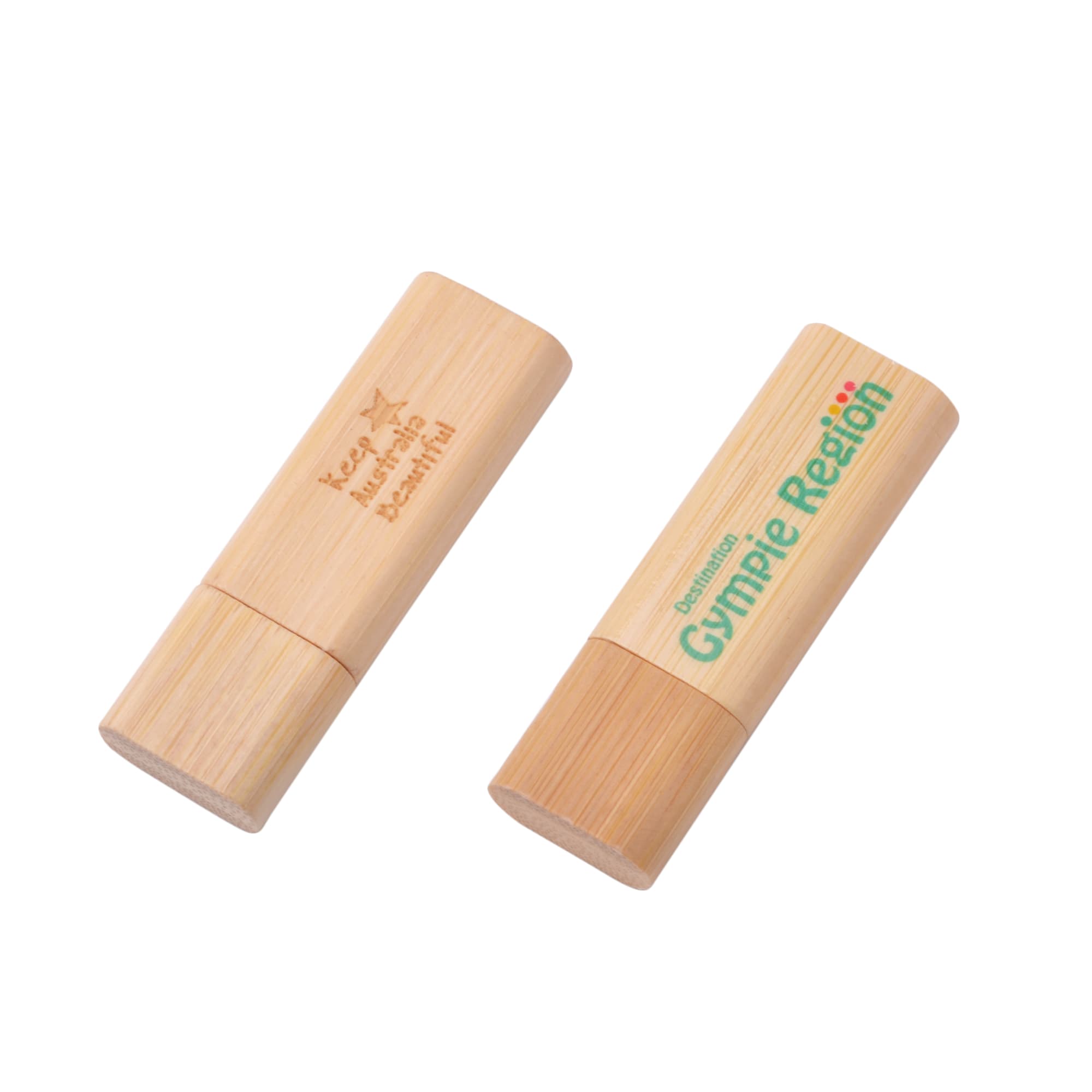 Rounded wooden flash drives in natural bamboo colour, featuring engraved logos on the surface.