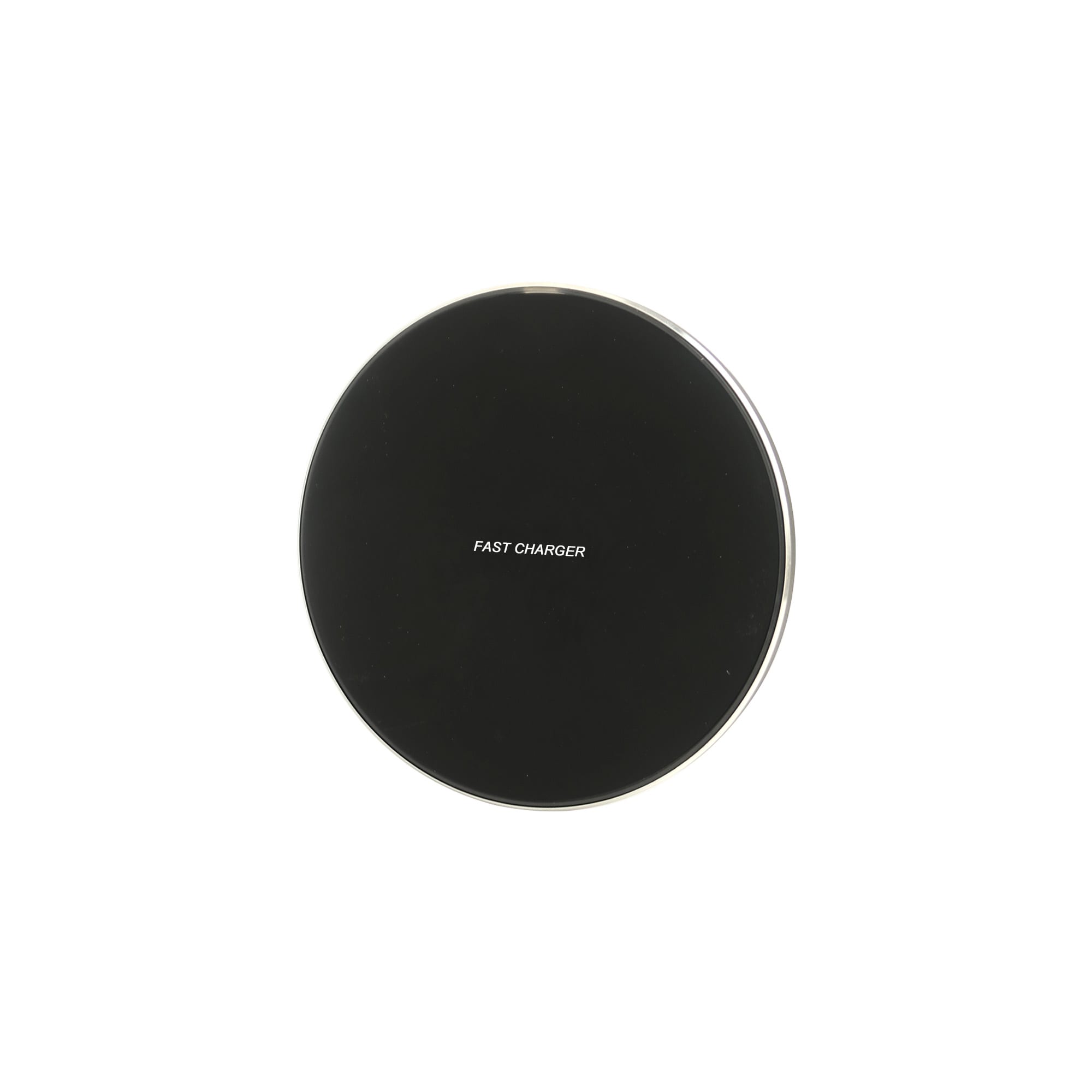A round, black wireless charger with a smooth surface and a branding logo in the centre.
