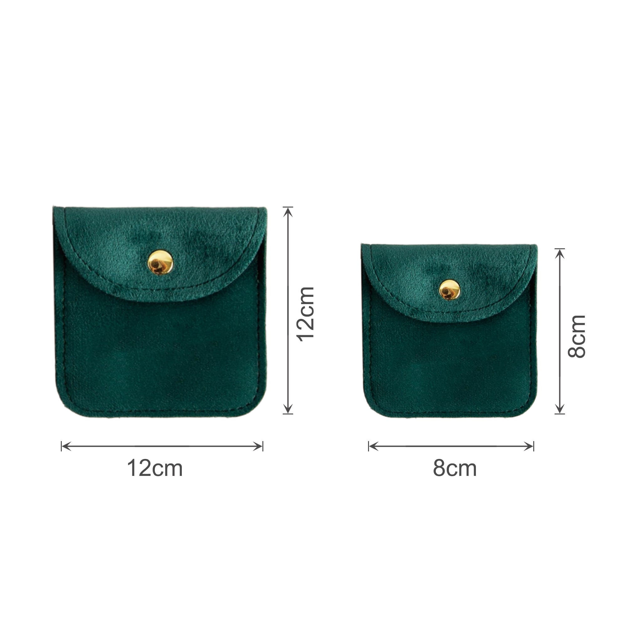 A square velvet jewelry pouch in a deep green colour, featuring a snap button closure, available in two sizes.