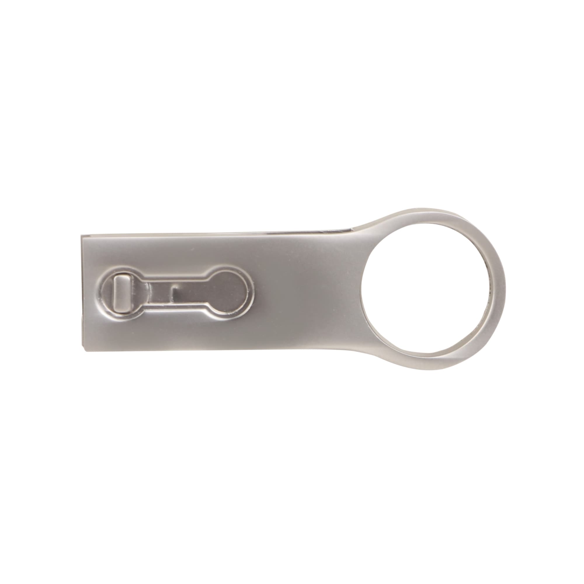 A silver USB flash drive with a circular end and a sliding cover, featuring a logo.