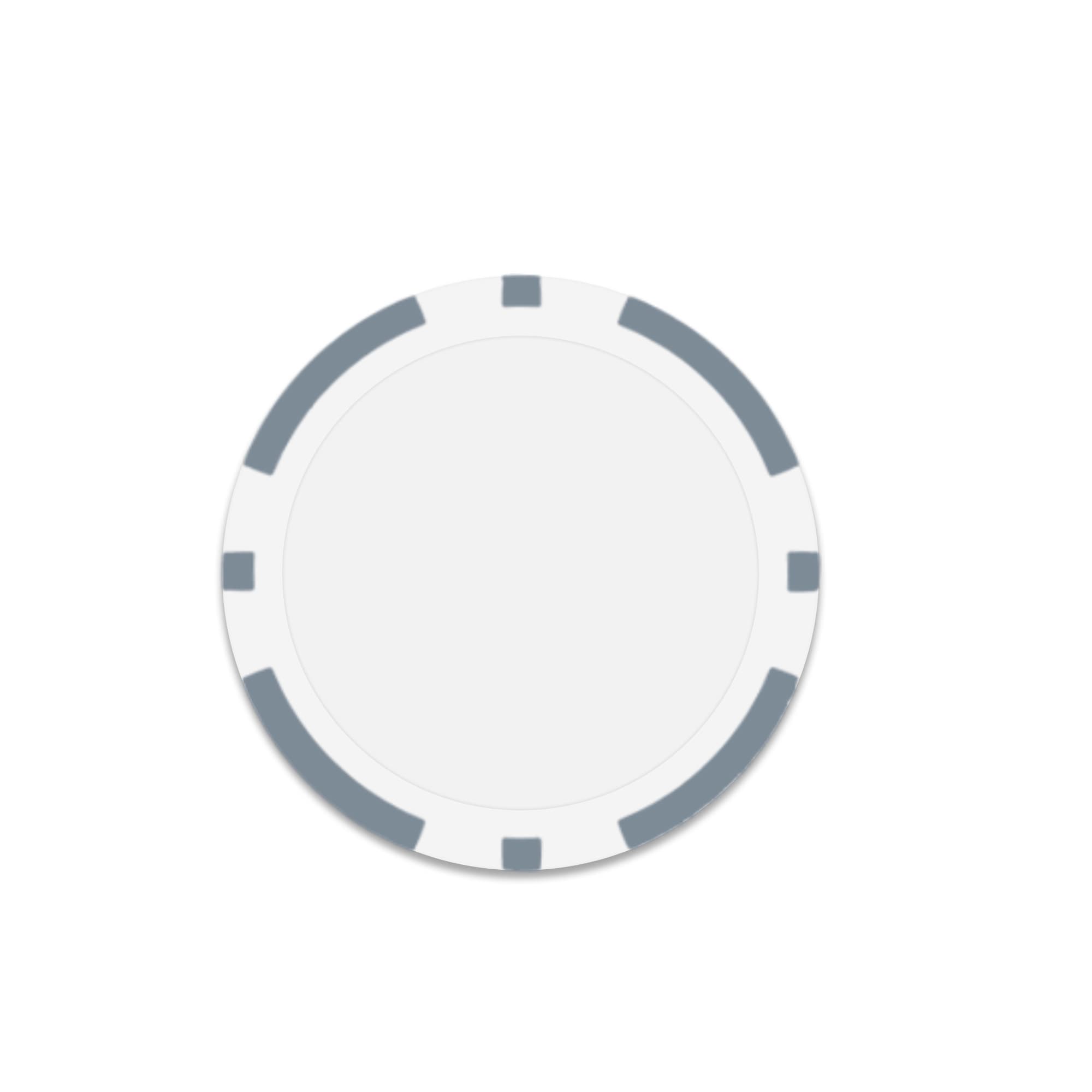 A round poker chip in white with grey markings around the edges. It features a logo in the centre.