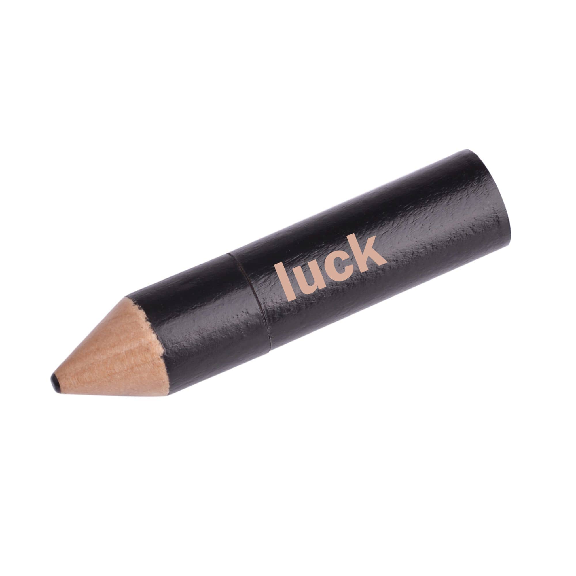 A black pencil-shaped flash drive with a wooden tip, featuring the word "luck" in a light colour.