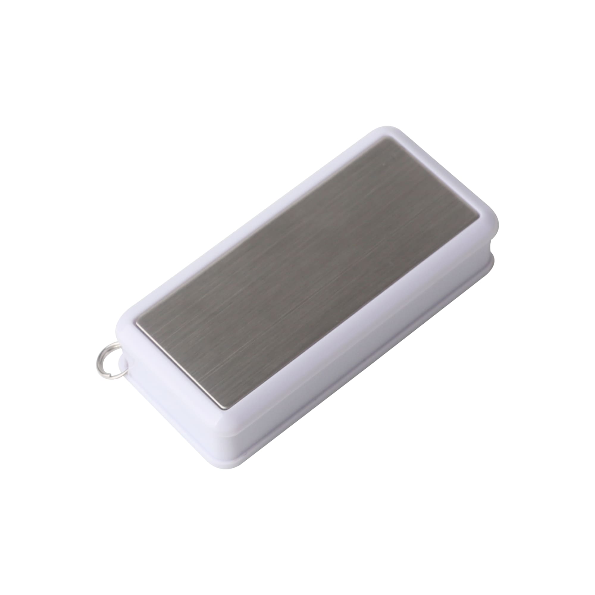 A 360-degree rotating flash drive in white with a silver metallic top and a keyring attachment.