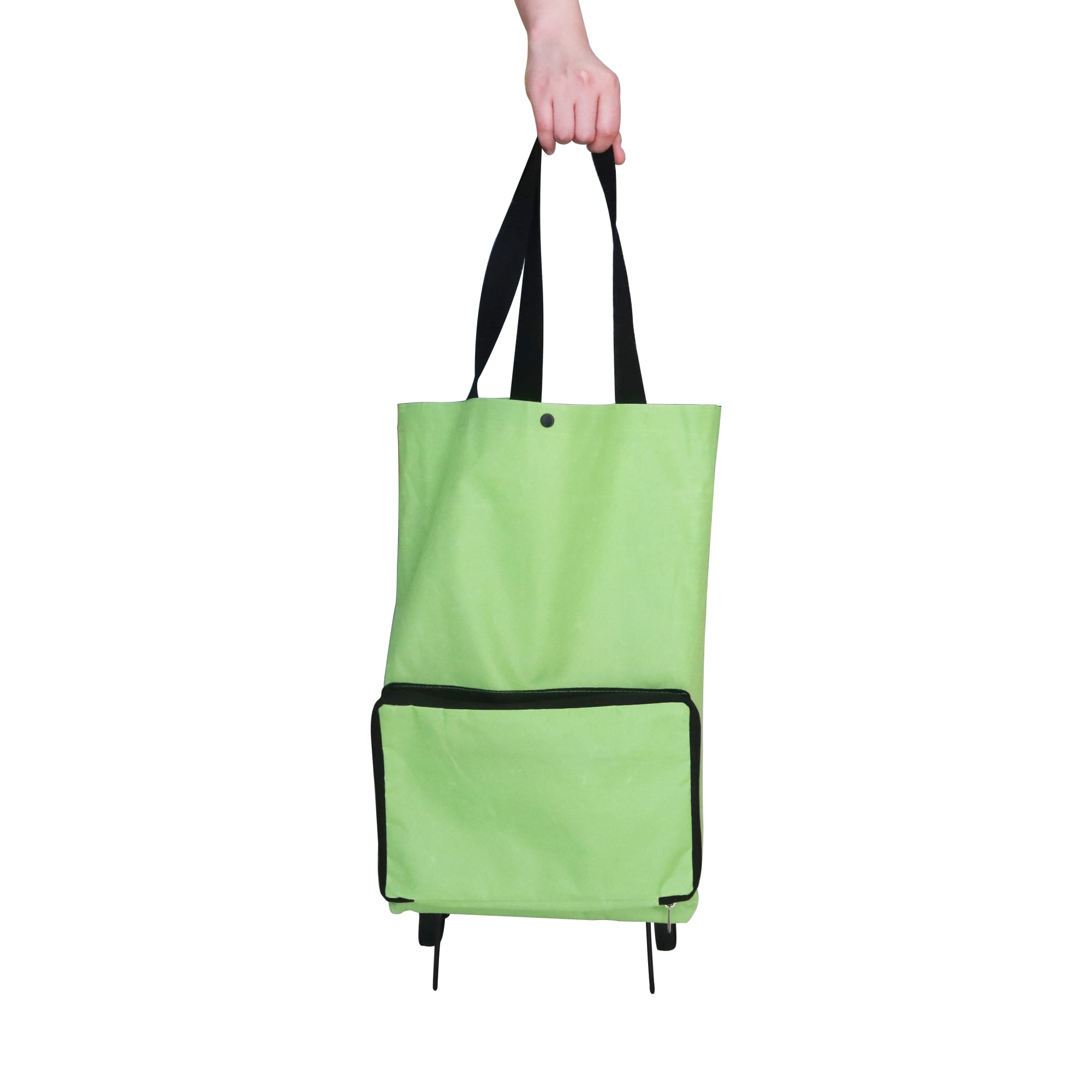 A green collapsible shopping trolley bag with black accents and a front pocket, held by a hand.