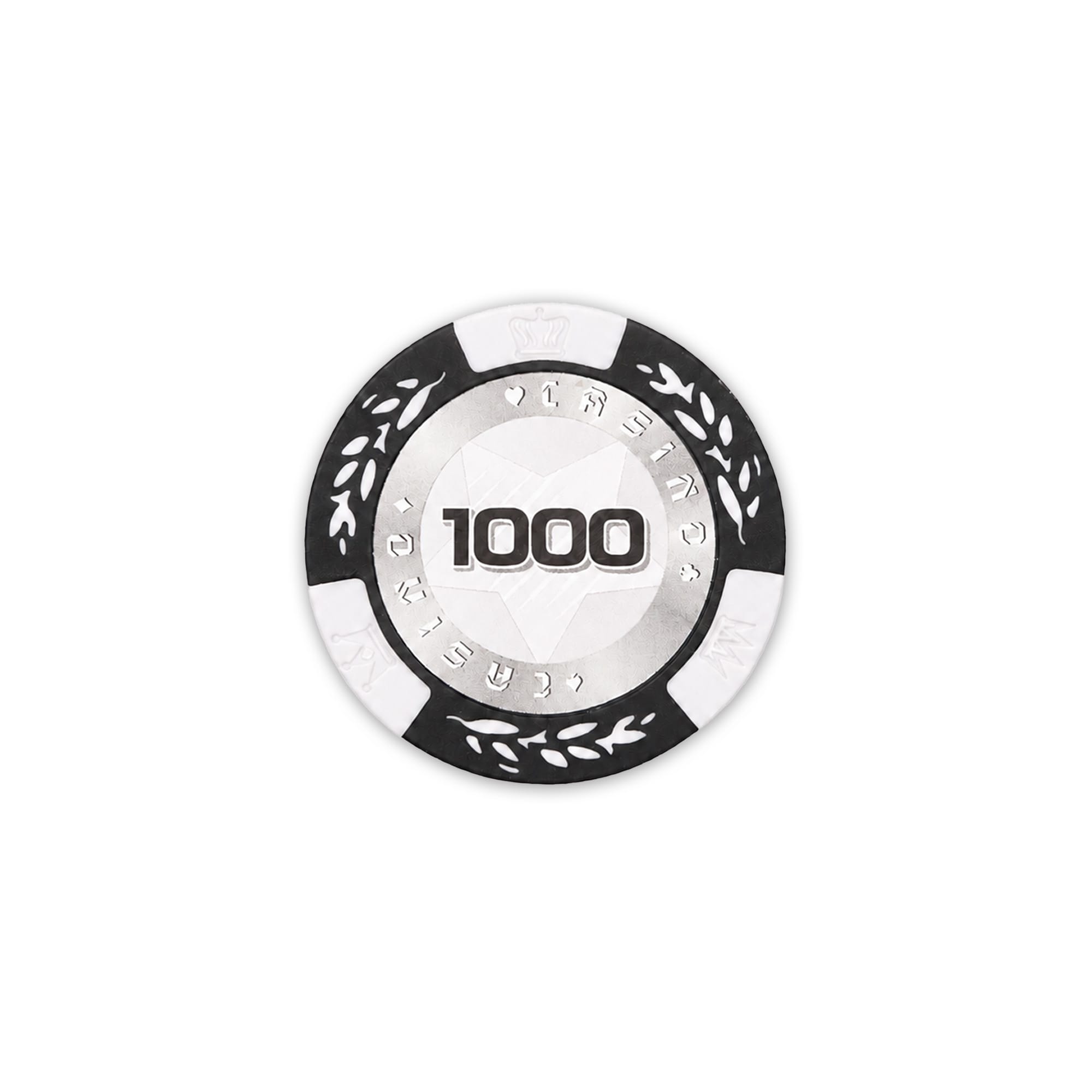 A round poker chip featuring a silver centre with a black and white outer ring, labelled "1000".