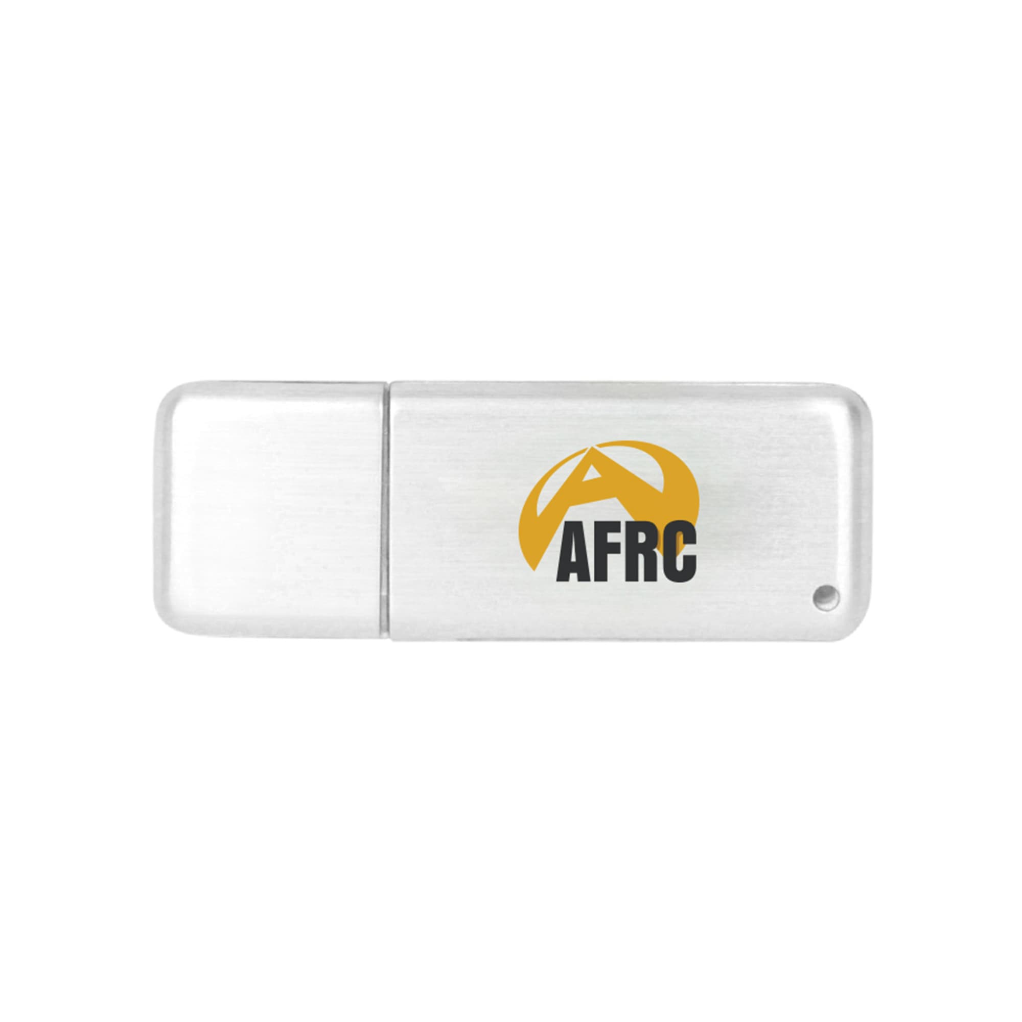 A silver flash drive with a removable cap and a logo on the surface.