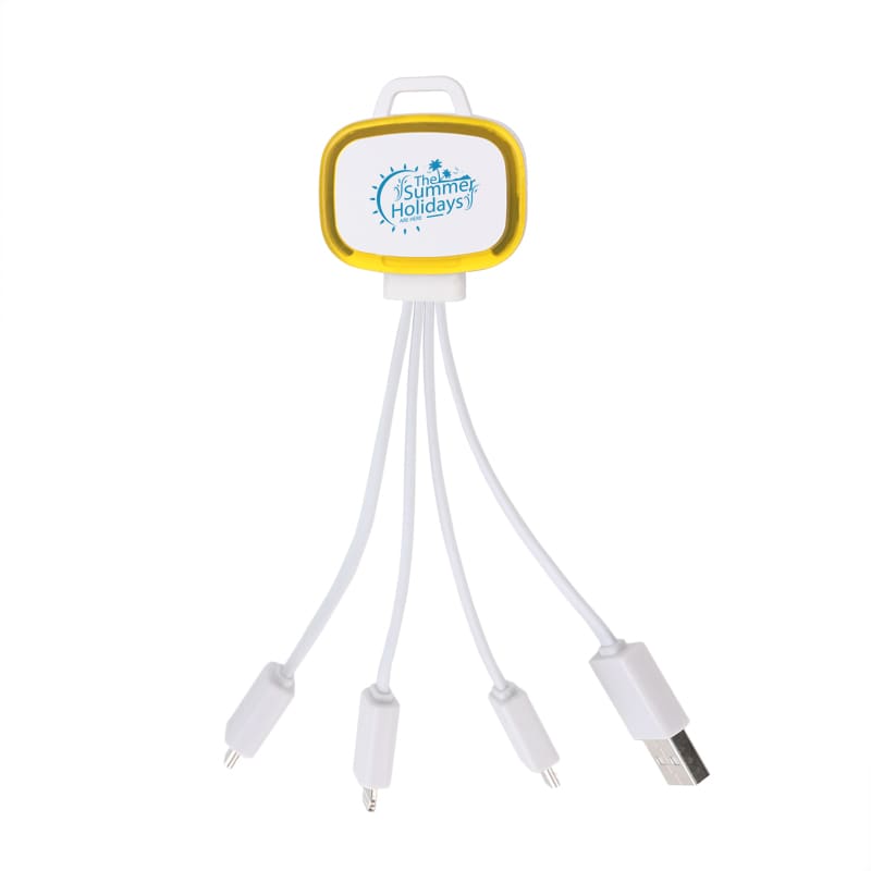 A LED charging cable with multiple connectors, featuring a yellow casing and a white cord with three connection ends.