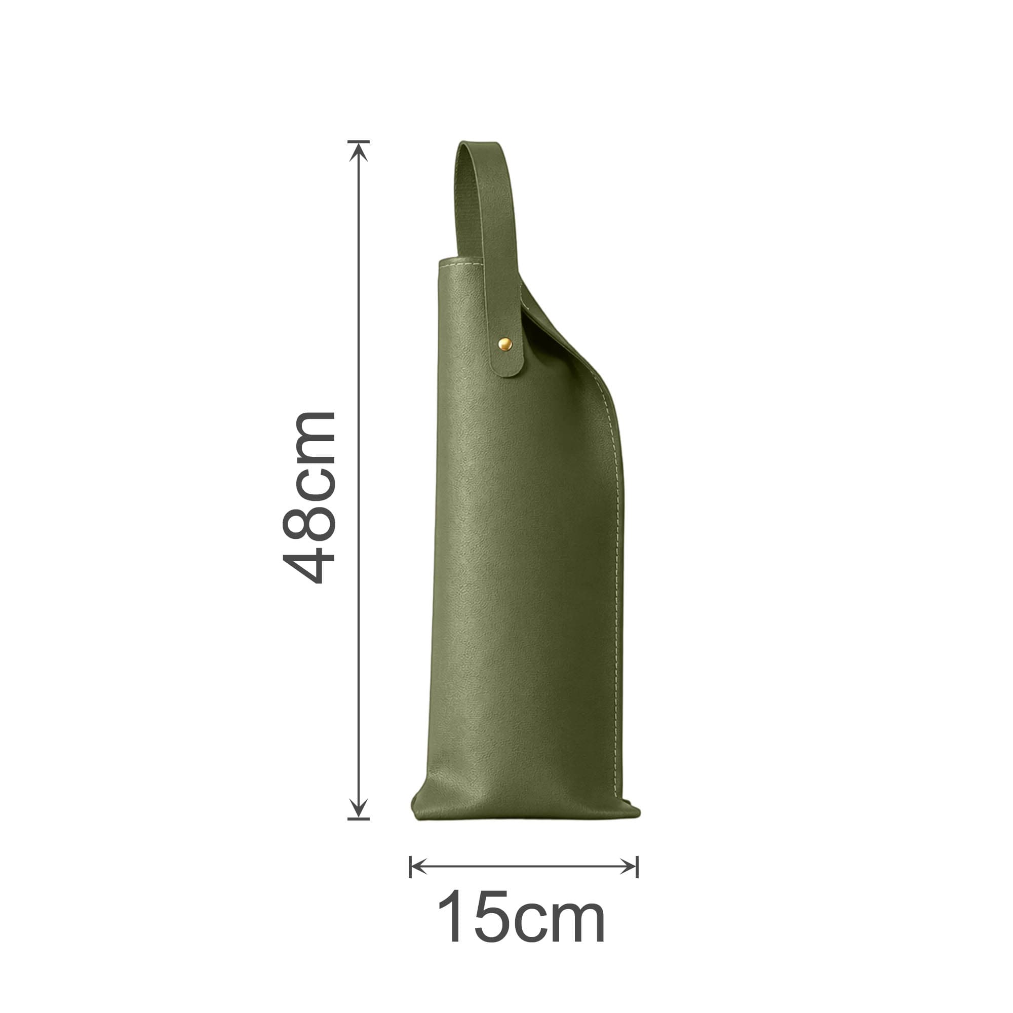 A drink bottle bag in olive green PU leather, featuring a handle and dimensions of 48 cm by 15 cm.