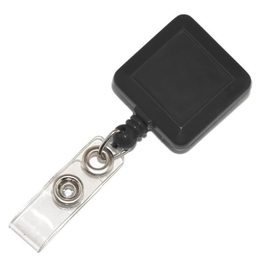 A square black retractable card holder with a clear attachment for securing a card or badge.