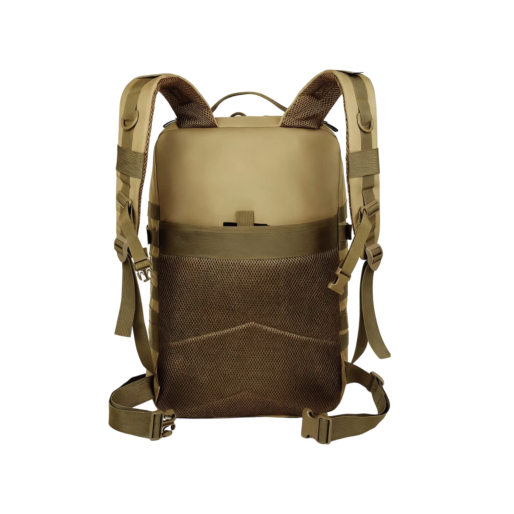 A tactical backpack in khaki, featuring adjustable straps and a mesh pocket on the back. It has a branding logo.