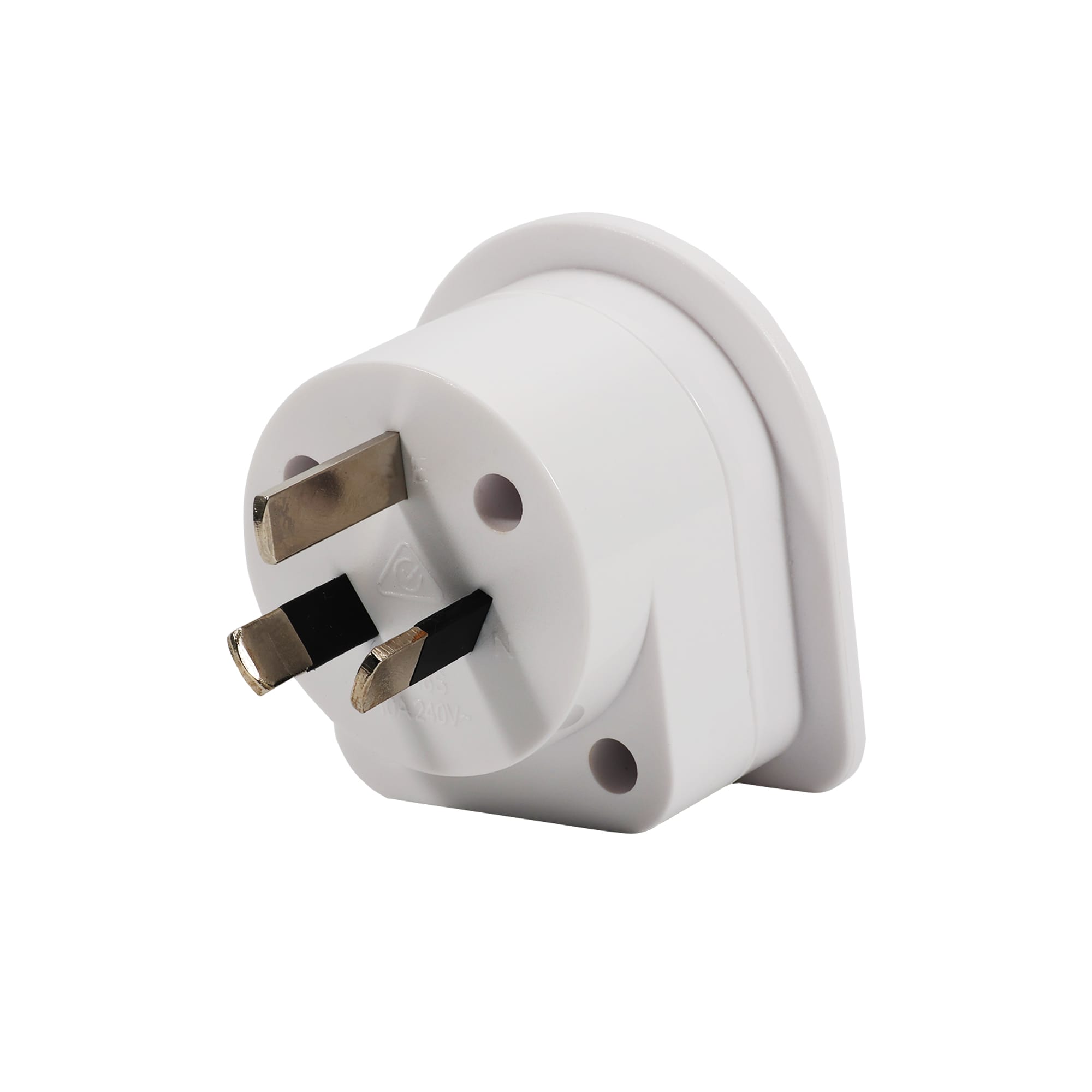 A white travel adapter with three prongs, featuring a round shape and a small branding logo.