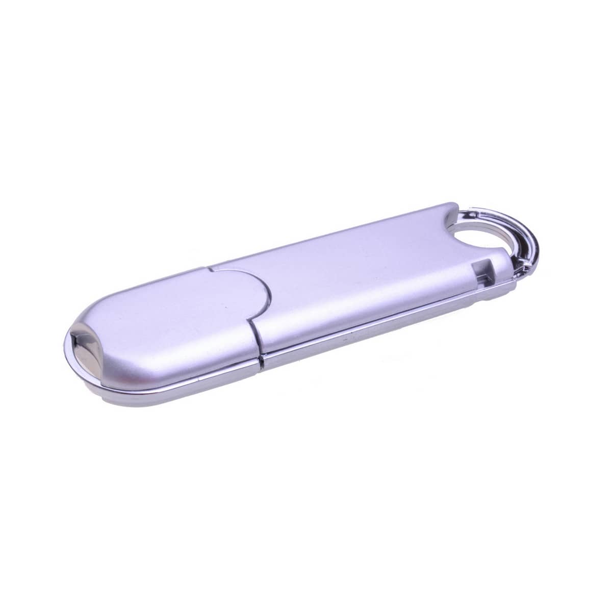 A silver O-ring flash drive with a sleek design and a circular attachment loop. It features a logo on the surface.