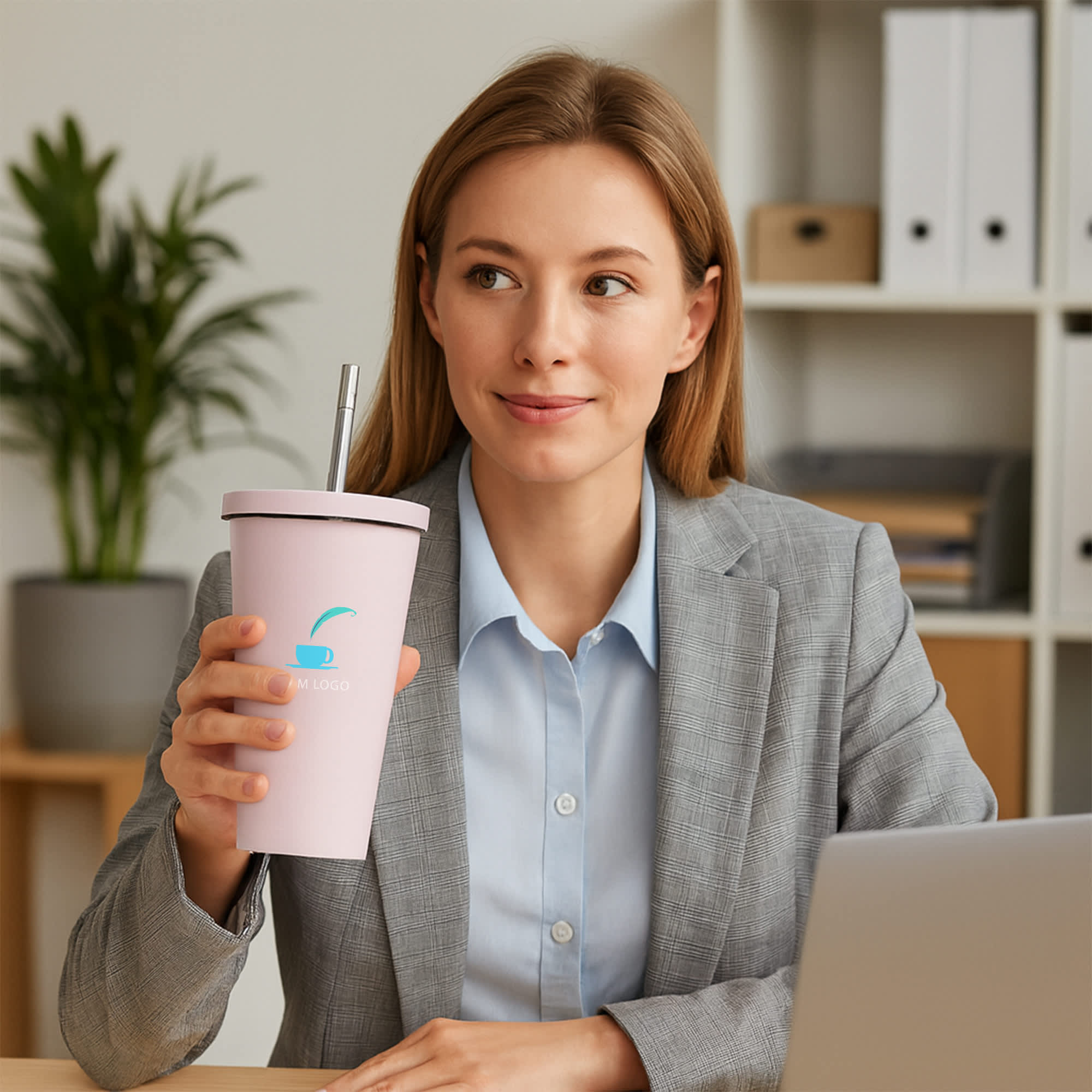 A drink bottle in pink with a straw, held by a woman in a grey suit, with a logo visible.