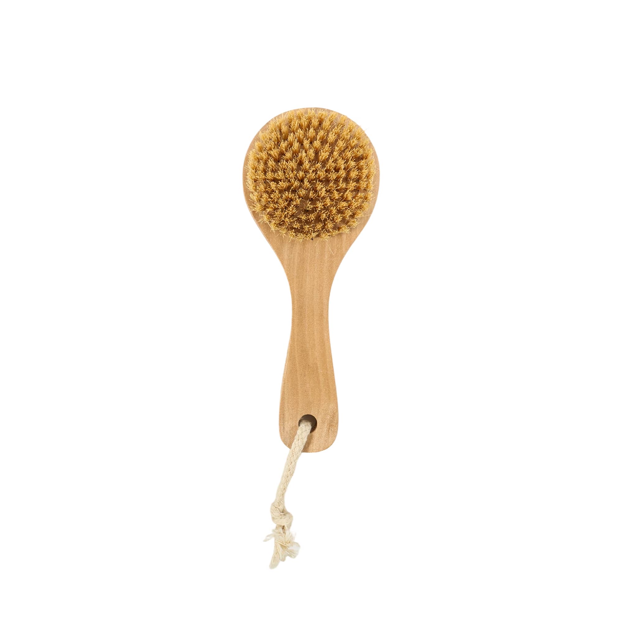 A round body brush with a short wooden handle and a natural bristle head, featuring a hanging cord.
