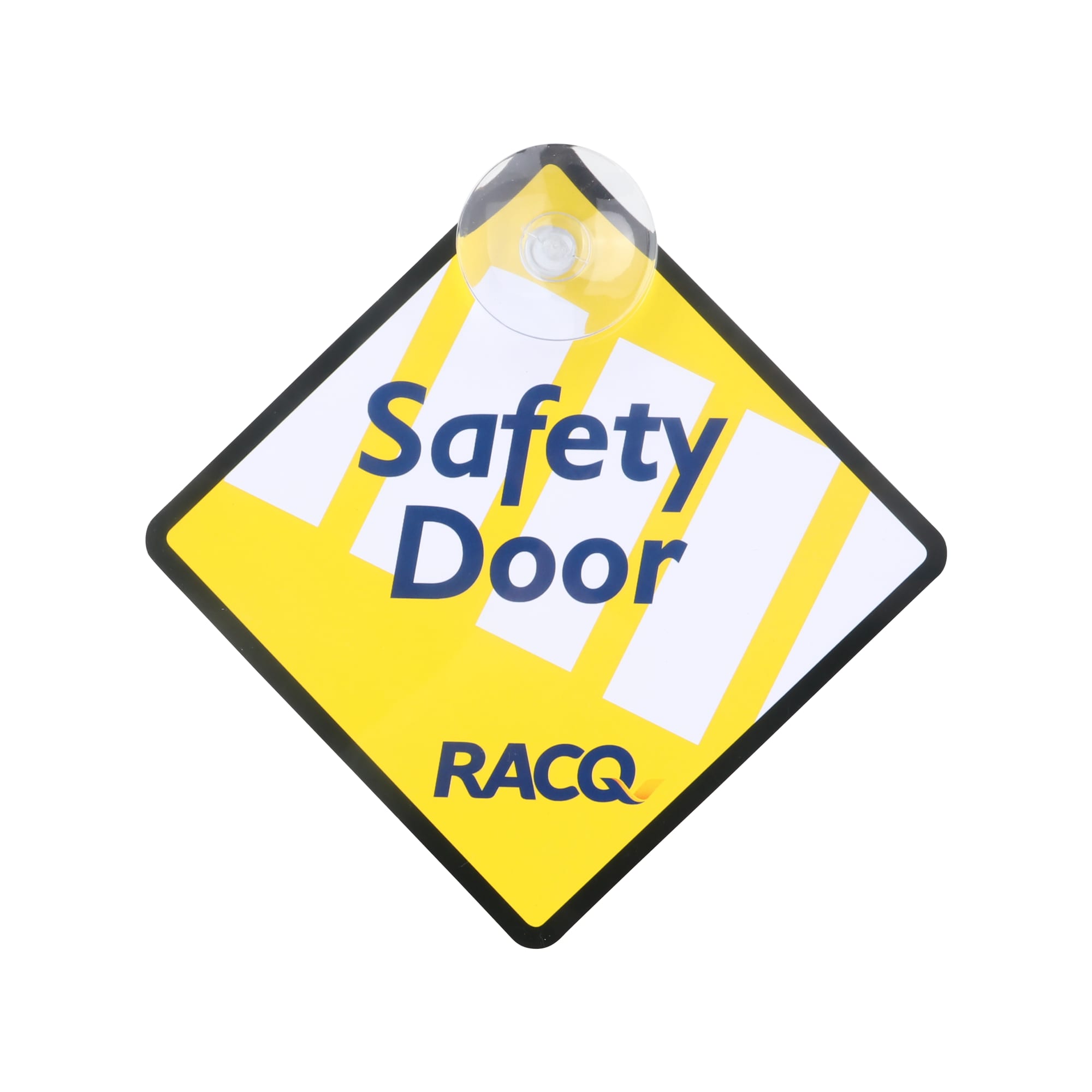 A yellow and black warning sign with the text "Safety Door" and a suction cup attachment. It features a logo.