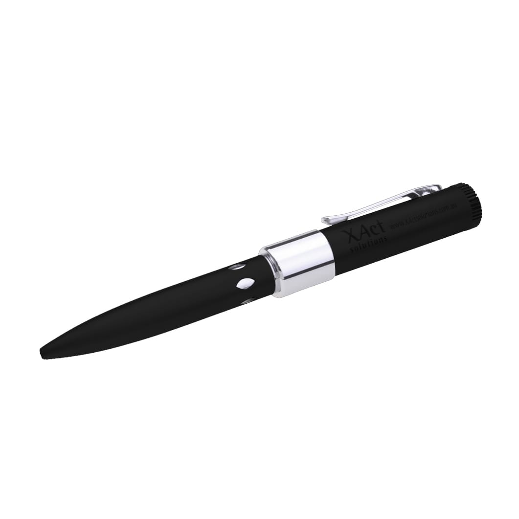 A black pen with a sleek design, featuring a silver clip and a branding logo on its body.