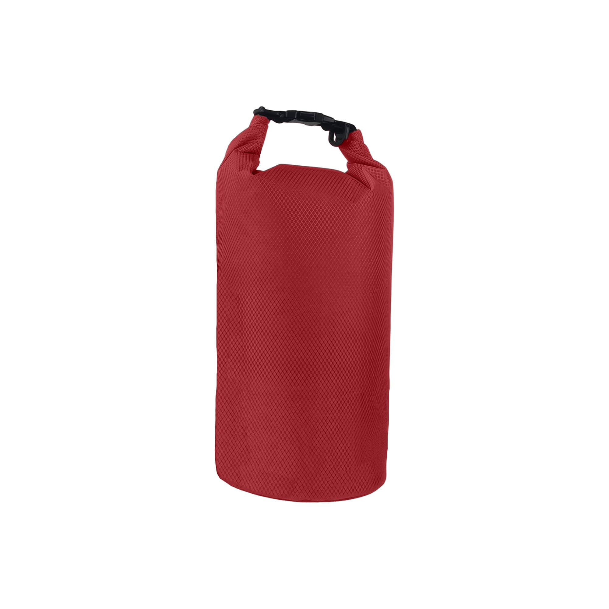 A red Oxford cloth dry bag with a securing clip at the top. It features a textured surface and a rounded shape.