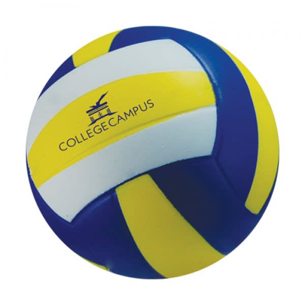 A volleyball-shaped stress reliever in blue and yellow with a logo.