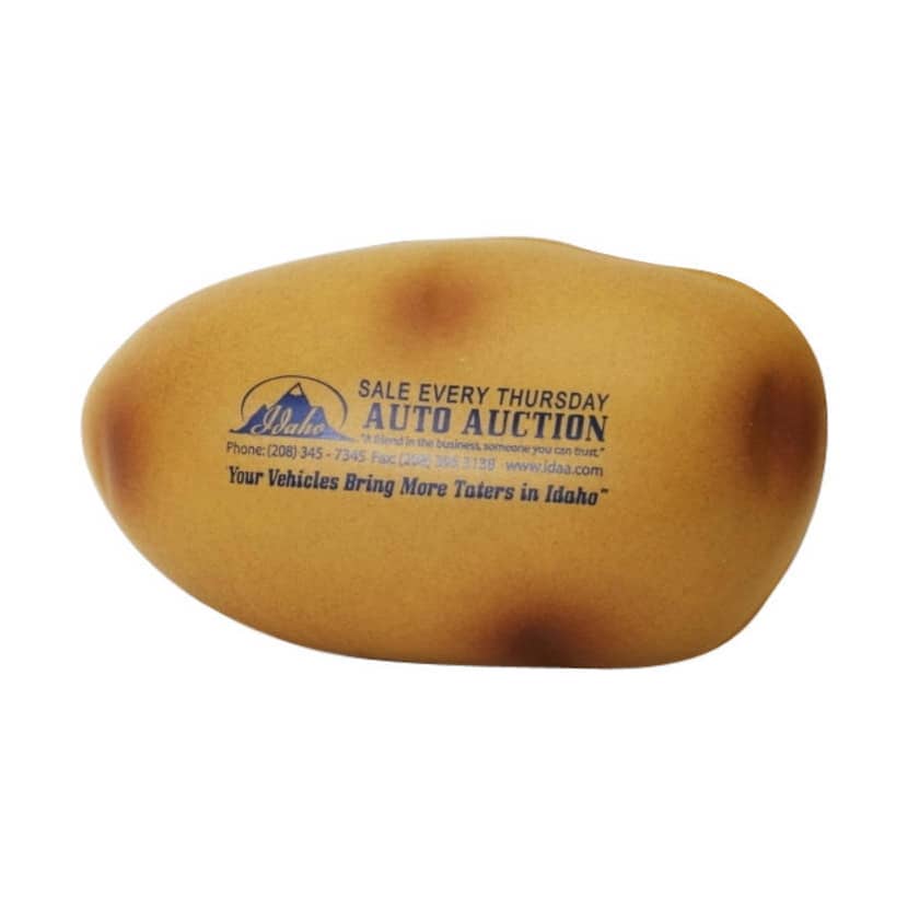 A potato-shaped stress reliever in shades of brown and yellow, featuring a logo and text on its surface.