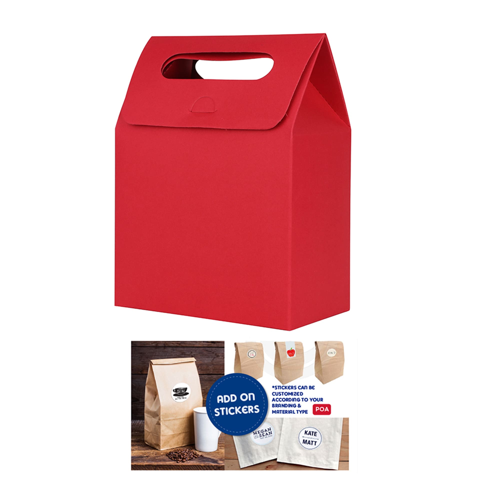 A red die cut handle bag with a flat base and a cut-out handle, featuring a logo design.