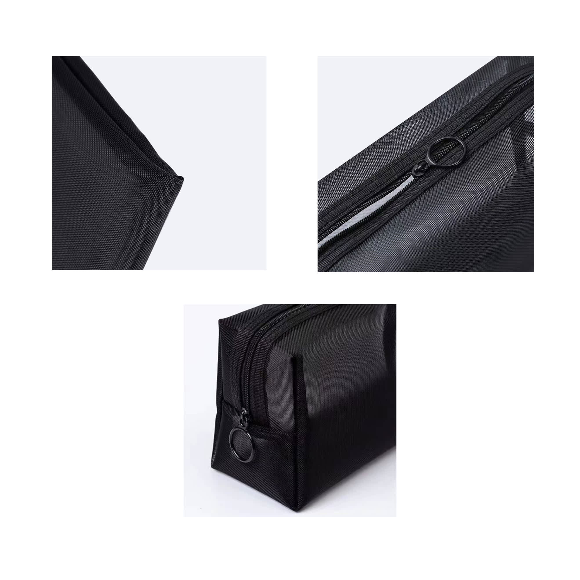 A black nylon mesh cosmetic bag featuring a zipper and multiple angles highlighting its structure.