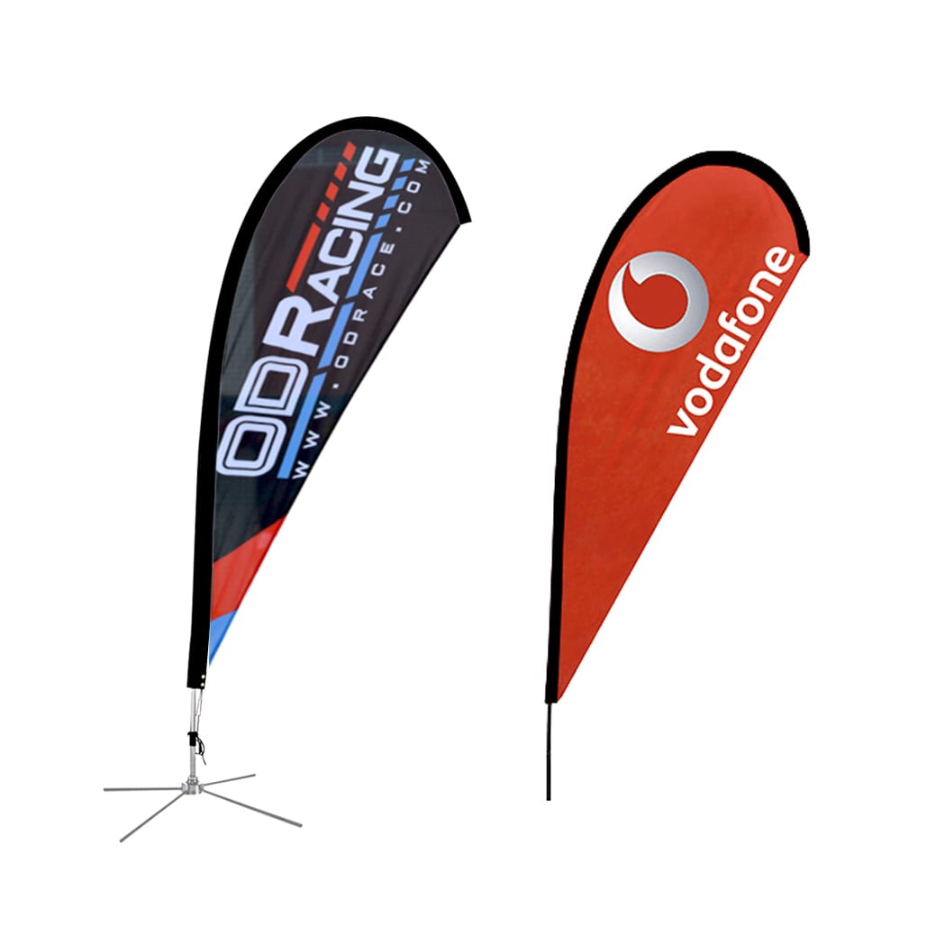 Two teardrop banners, one black with a logo and the other red with a logo, each with a base supporting the flags.