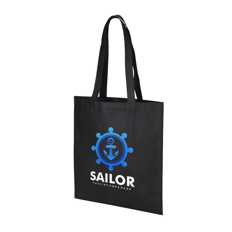 A black non-woven long handle bag with a blue logo and a V gusset design.