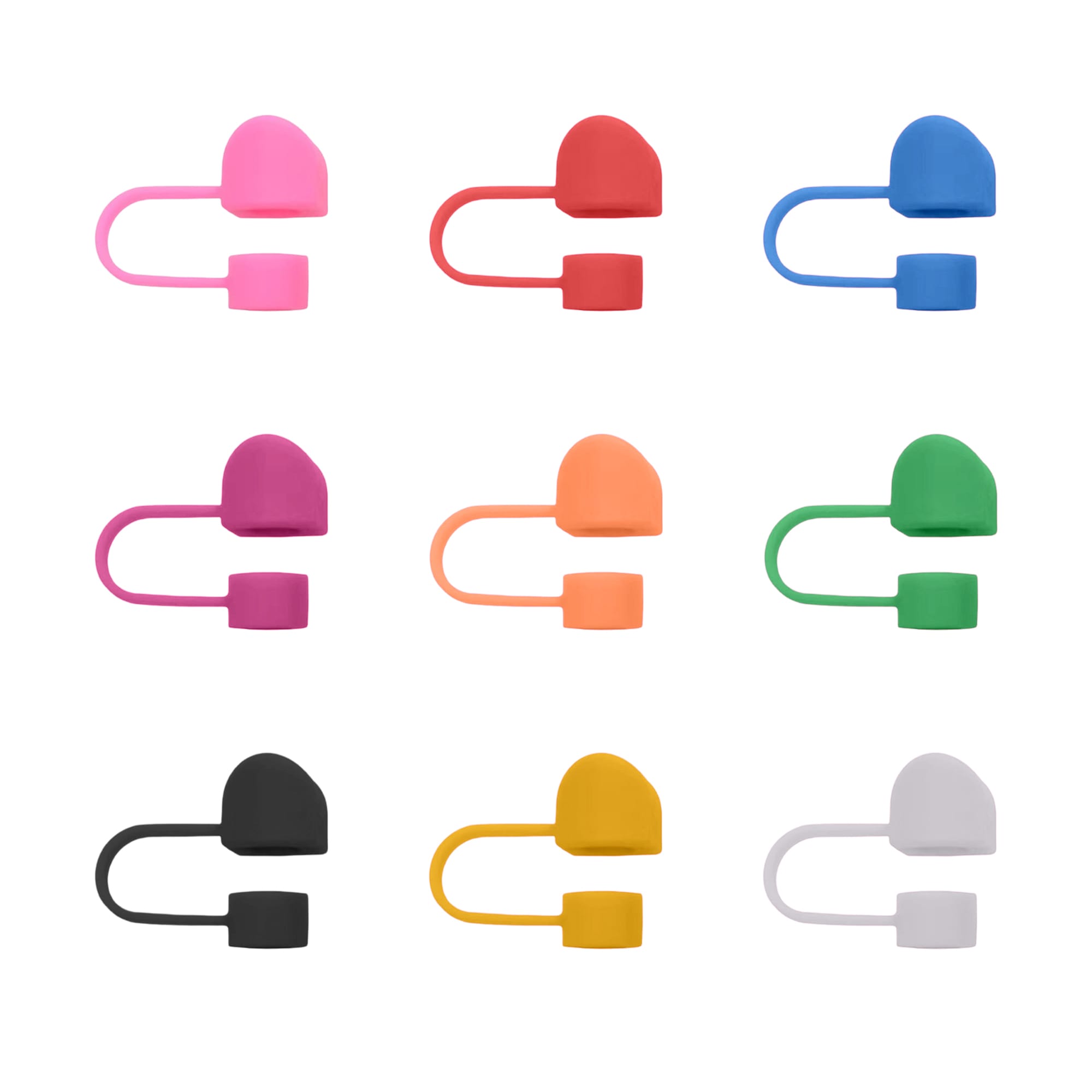 A drink bottle features nine custom shape straw covers in pink, red, orange, green, black, yellow, and white. Each has a logo.