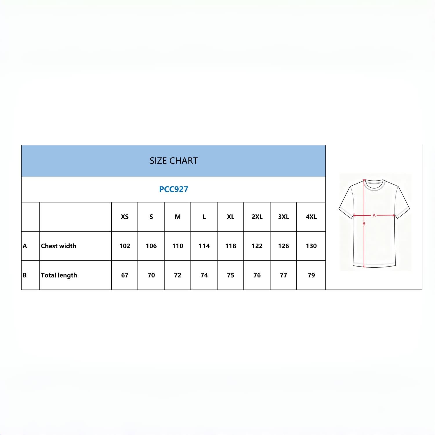 A size chart detailing measurements for a men's fishing T-shirt, including chest width and total length for various sizes.