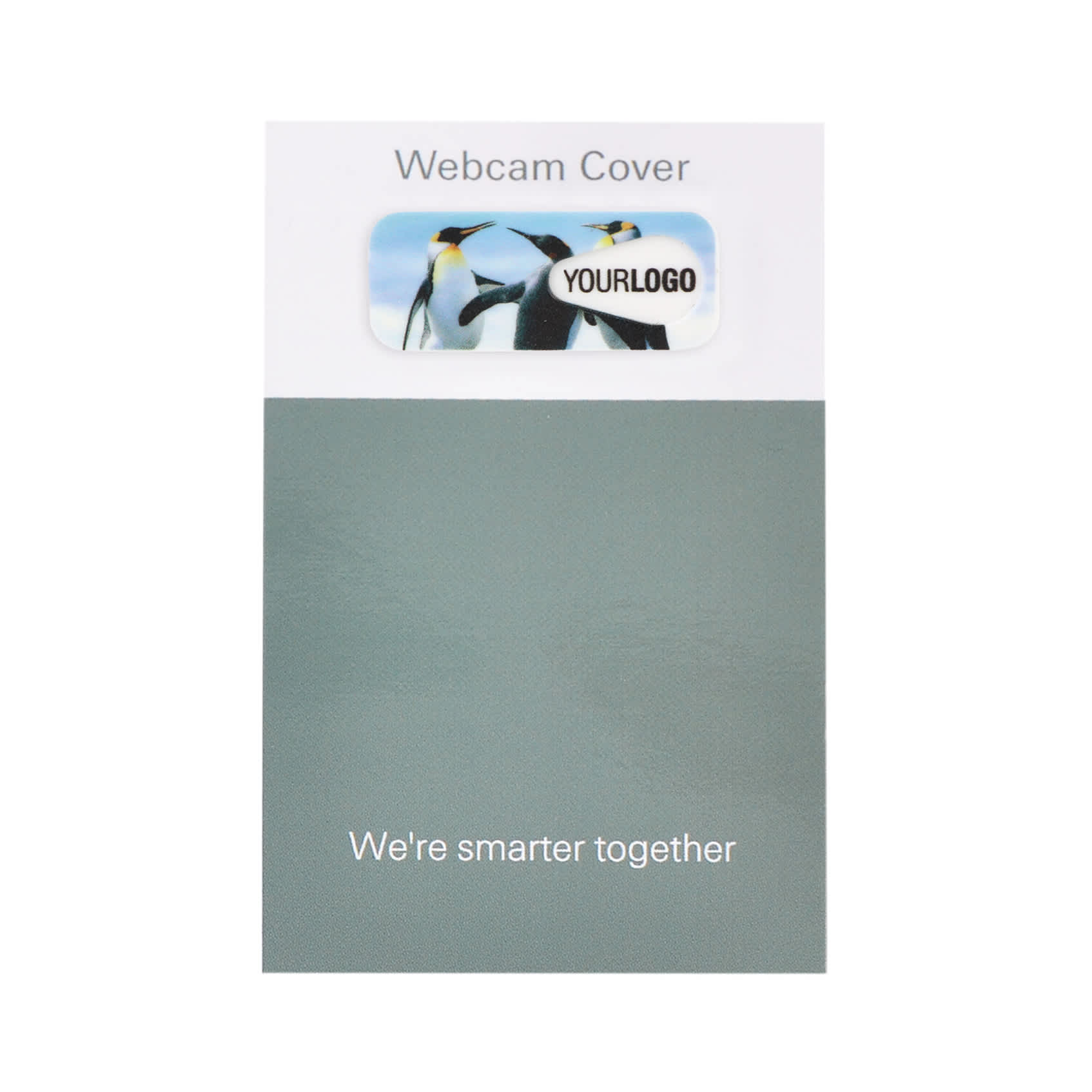 A green webcam cover pack features a logo and an image of penguins. The packaging states, "We're smarter together."